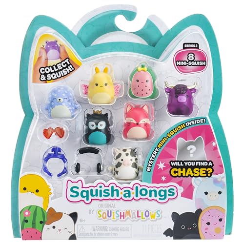 Squish-a-longs 8 Pack (Style 4- W2) - (8) 1” Mini-Squish with (2) Accessories, (1) Ring, and a Collector’s Guide - Collect, Trade, & Play
