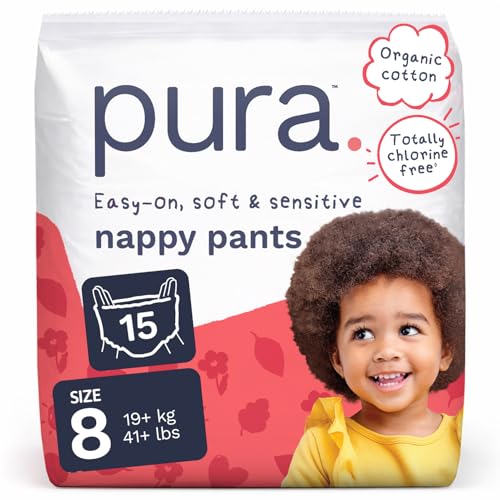 Pura Nappy Pants Size 8, , 19kg+, 360° Stretch Fit, Potty Training Pants for Hypoallergenic & Sensitive Skin, Up to 12 Hours Overnight Leak Protection, Totally Chlorine Free