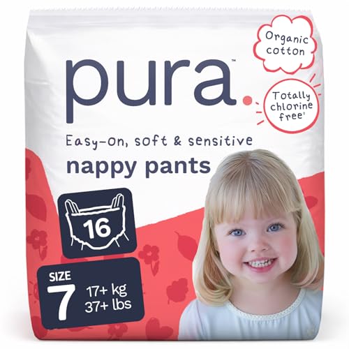 Pura Nappy Pants Size 7, , 17kg+, 360° Stretch Fit, Potty Training Pants for Hypoallergenic & Sensitive Skin, Up to 12 Hours Overnight Leak Protection, Totally Chlorine Free