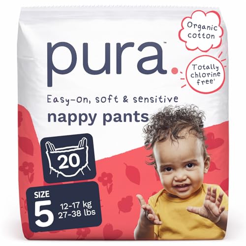 Pura Nappy Pants Size 5, , 12-17kg, 360° Stretch Fit, Potty Training Pants for Hypoallergenic & Sensitive Skin, Up to 12 Hours Overnight Leak Protection, Totally Chlorine Free