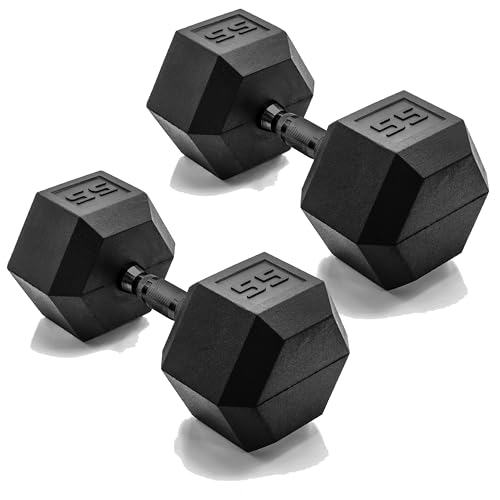 CAP Barbell 55 LB Rubber Coated Hex Dumbbell Hand Weight - Pair | Black Handle