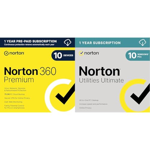 Bundle - Norton 360 Premium, for 10 Devices - Includes VPN, Cloud Backup & Dark Web Monitoring [Download] + Norton Utilities Ultimate – cleans and speeds up your PC, Windows PCs only [Download]