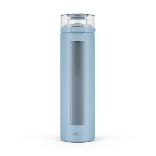 Ello Syndicate 20oz Reusable Glass Water Bottle with One-Touch Leak Proof Flip Lid, Protective Non-Slip Silicone Sleeve, Carry Loop for Coffee, Tea and Water, BPA-free, Dishwasher Safe, Tech Blue