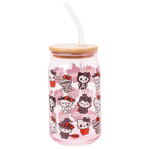 Silver Buffalo Sanrio Hello Kitty and Friends Halloween Spooky Costumes Ghost Witch Vampire Zombie Frankenstein Skeleton Pink Glass Jar Tumbler with Bamboo Lid and Glass Straw, 16 Ounces