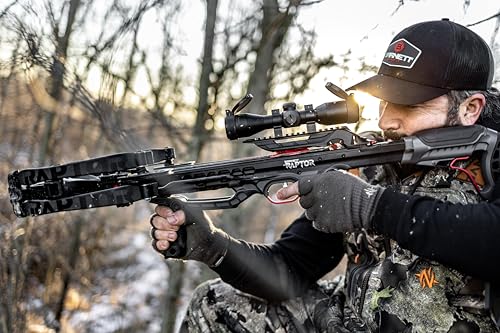 Barnett Raptor BCX Crossbow - Tactical Crossbow with Veil Tac Black Camo, Ultra Compact and Fast 425fps, Step Through Riser, Fold Down Palm Rest, Adjustable Butt Stock, Illuminated 2-7x36 Scope