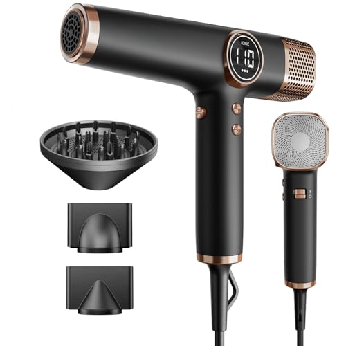 (-65%) Faszin Föhn Haartrockner mit Ionen-Technologie, 110.000 RPM Brushless Motor, Schnelltrocknung, Leiser Betrieb, LED Display, 3 Drehbare Magnet-Aufsätze für Haushalt & Salon (Tiefschwarz)
