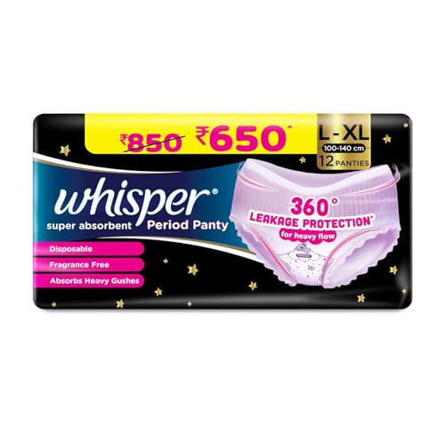 Whisper Super Absorbent Period Panty, 12 L-XL Pants, 360 Degree Leakage Protection* for Heavy Flow, Panty like Fit, Full back Coverage, Absorbs Heavy 