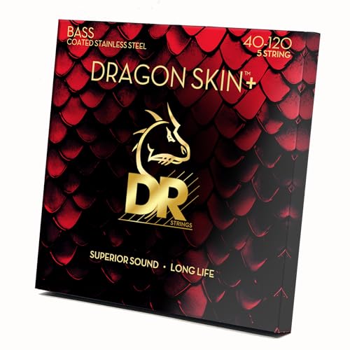 DR Strings DRAGON SKIN+ (DBS5-40) – Saiten für E-Bass, 5-Saiter Set, Stainless Steel, Round Core, Light 40-120 - Handgefertigt in den USA