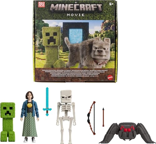⚡ BLITZDEAL (-77%) Mattel Minecraft Geschichtenset mit 4 Actionfiguren und 3 Zubehörteilen, Begegnungen in der Oberwelt-Set, inspiriert von EIN Minecraft Film, Spielzeug zum Sammeln, JFR70