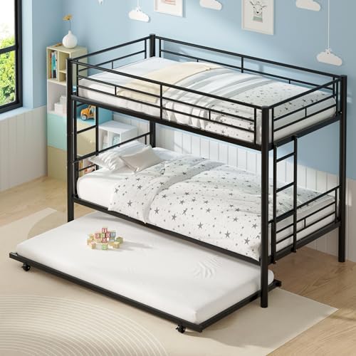 VECELO Twin Over Twin Bunk Bed with Trundle, Metal Bunkbeds with Ladder and Full-Length Guardrail, Noise Free, No Box Spring Needed, Black