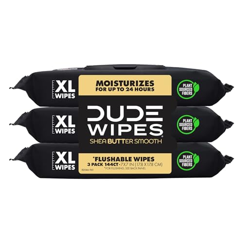 DUDE Wipes Flushable Wipes - 3 Pack, 144 Count - Shea BUTTer Smooth with Vitamin-E & Aloe - Septic and Sewer Safe