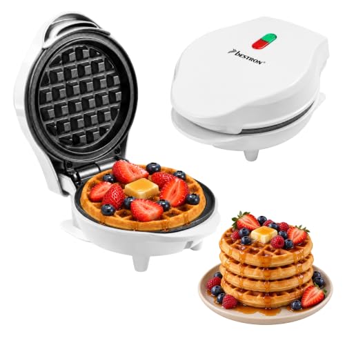(-13%) Bestron Mini-Waffeleisen für klassische Waffeln, kleiner Waffelmaker mit Antihaftbeschichtung, für Kindergeburtstage, Familienfeiern, Ostern oder Weihnachten, Backfläche Ø 10cm, Farbe: Weiß