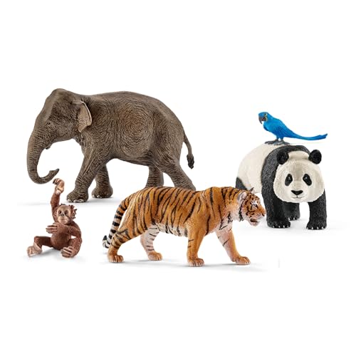 Schleich Wild Life - 5 PC Jungle Animals Figurines Toy Set with Elephant, Panda, Tiger, Parrot, and Baby Monkey Toys for Boys and Girls - Realistic Animal Figures Playset for Kids Ages 3+ - 77588