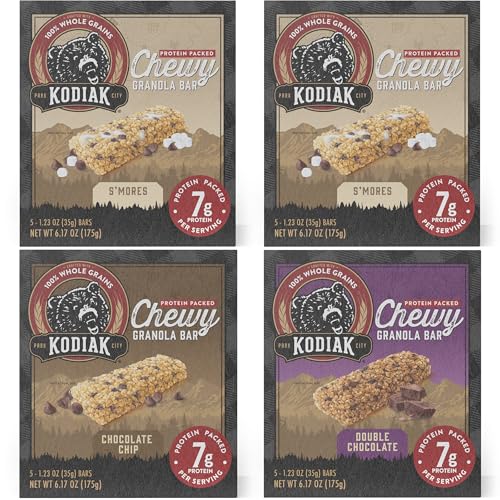 Kodiak Cakes Chewy Granola Protein Snack Bars Variety Pack, S'mores, Chocolate Chip, Double Chocolate, High Protein, 100% Whole Grains, Pack of 4 (20 bars total)