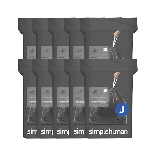 simplehuman Code J 200 Count, Genuine Odorsorb Custom Fit Liners, Drawstring Odor Absorbing Trash Bags in Dispenser Packs, 30-45 Liter / 8-12 Gallon