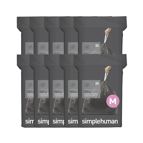 simplehuman Code M 200 Count, Genuine Odorsorb Custom Fit Liners, Drawstring Odor Absorbing Trash Bags in Dispenser Packs, 45 Liter / 12 Gallon