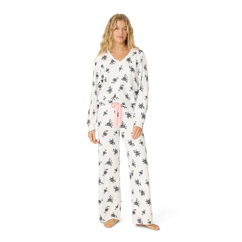 PJ Salvage Women's [Amazon Exclusive] Cloud Jersey Open-Bottom Pajama 2-Piece PJ Set, Ivory Rose, Small