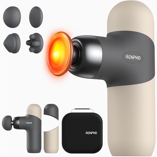 RENPHO Mini Thermal Massage Gun with Heat, Portable Deep Tissue Percussion Massager, Color Silicone Sleeves Travel Size with Carry Case, Grey