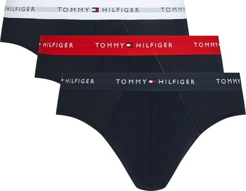 🔥 STARKER PREIS (-54%) Tommy Hilfiger Herren 3er Pack Unterhosen Hip Briefs mit Logobund, Mehrfarbig (des Sky/Primary Red/White), L
