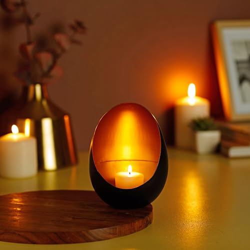Amazon Brand-Solimo Ornamental Iron Tea Light|Stylish|for Indoors & Outdoors Décor|Oval Shape (Black with Gold Texture),Incandescent