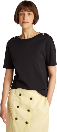 🔥 STARKER PREIS (-60%) Tommy Hilfiger Damen T-Shirt Kurzarm Stripe Gold mit Knöpfen, Schwarz (Black), L