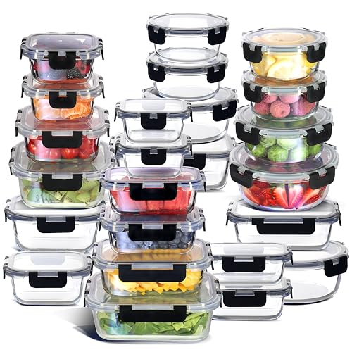 EATEX 48pc Glass Storage Containers with Lids, 24 Set Glass Food Storage Containers with 24 Airtight Lids, Pantry Kitche