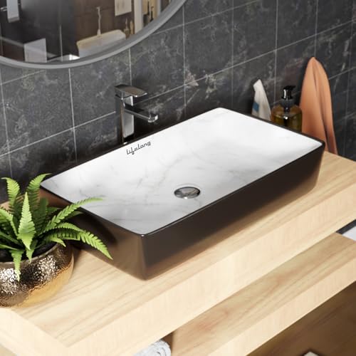 Wash Basin for Bathroom - Tabletop Washbasin - Ceramic Glossy Rectangular Countertop Vessel Sink Ideal for Bathroom, Dining Hall & Vanity 61x36x13 cm 