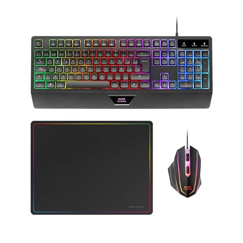 Mars Gaming MCP124, Layout Español, Combo Gaming 3en1, Teclado Ergonómico H-Mech LED RGB, Ratón RGB 3200DPI Switches HUANO, Alfombrilla Nanotextil 360x260mm, Compatibilidad Multiplataforma, Negro