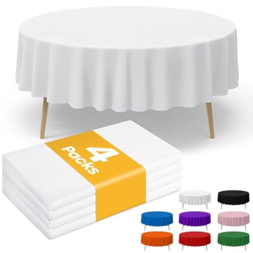Niuara White Plastic Table Cloth - 4 Pack 84" Round Disposable Tablecloths for Round Tables, Waterproof Table Cover for Holiday Parties & Gatherings
