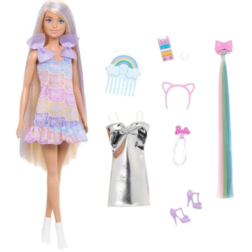 Barbie Poupée Fun & Fancy avec accessoires, poupée blonde avec cheveux extra-longs et 2 tenues, dont une robe argentée métallisée, et une extension de cheveux, JCT72