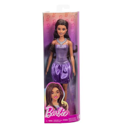 Barbie Fashionistas Doll #234 with Brown Hair, Wearing Sequined Purple Bubble Dress with Satiny Skirt, Silvery Necklace and Heels