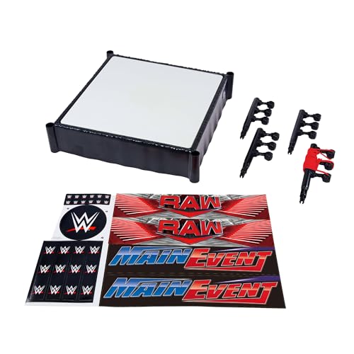 Mattel WWE Superstar Ring with Labels - Main Event & RAW, Spring-Loaded Ring Mat & Pro Tension Elastic Rope
