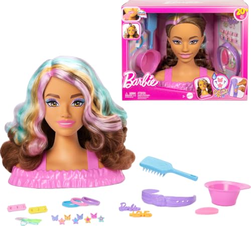 🔥 SELTEN SO GÜNSTIG (-41%) Barbie-Puppe Styling-Kopf, dunkelbraunes Haar mit mehr als 20 Styling-Zubehörteilen inklusive Stern, Schmetterling und Haarclips mit Farbwechsel, JFG82