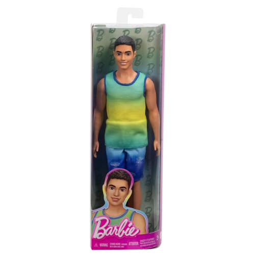 Barbie Fashionistas Ken Doll #236 with Black Hair, Wearing Blue and Green Ombre Tank with Jean Shorts and Silver Sneakers