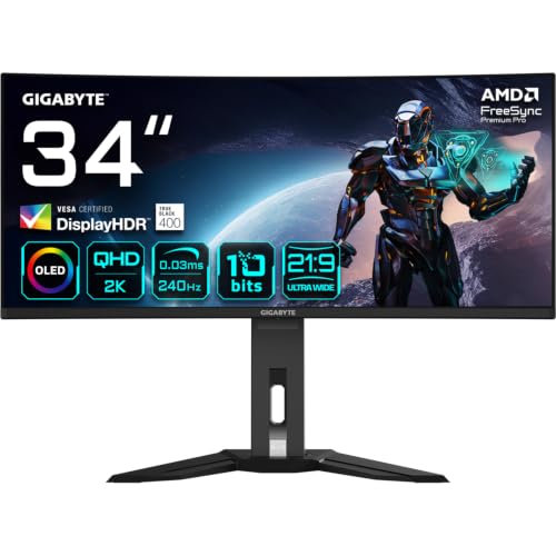 (-20%) Gigabyte OLED WQHD Curved Gaming Monitor MO34WQC2-34 Zoll, 3440 x 1440, 240Hz, 0,03ms, KVM, 250 cd/m², FreeSync Premium Pro, DisplayHDR True Black 400, HDMI 2.1, Displayport 1.4