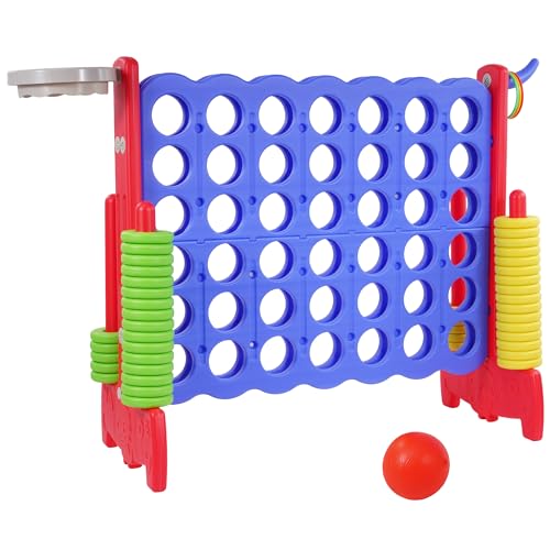Elevon Giant 4-to-Score Game Set, 4-in-A-Row Jumbo w/Basketball Hoop, Ring Toss, 42 Jumbo Rings & Quick-Release Slide, 2.75FT Tall Indoor Outdoor Yard Family Connect Game for Kids & Adults