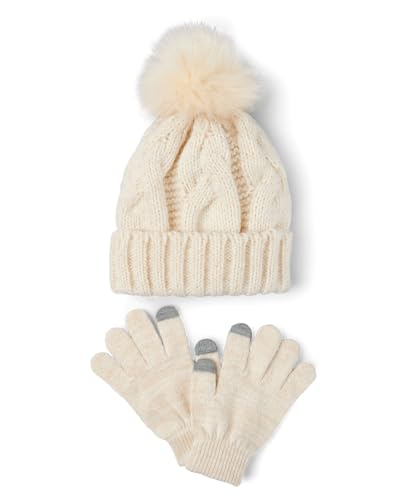 The Children's Place,Girls,Winter Hat and Mittens Cold Weather Set,Oatmeal Cable Set,4 Years,7 Years