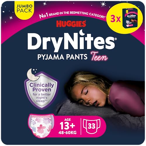 HUGGIES DryNites, Pyjama Pants, Girls 13+ Years (48-60KG), 33 x Bedwetting Pants, Up to 100% Leak Free Nights