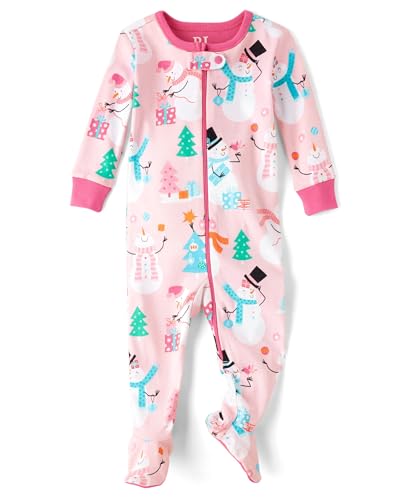The Children's Place,Baby Girls,and Toddler Long Sleeve 100% Cotton Zip-Front One Piece Footed Pajama,Pink Snowmen,4 Years