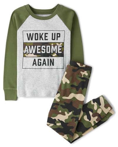 The Children's Place,Boys,Long Sleeve Top and Pants Snug Fit 100% Cotton 2 Piece Pajama Set,Truly Olive,8