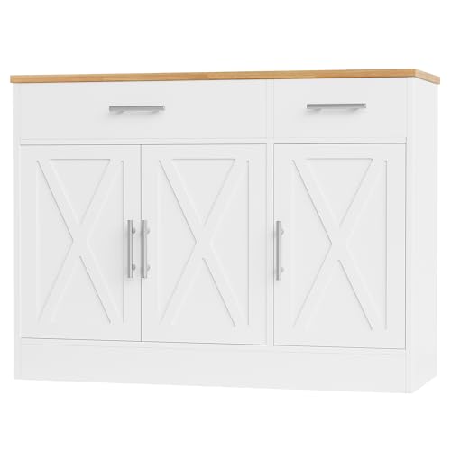 Shintenchi Modern Farmhouse Sideboard Buffet Cabinet with Storage with 3 Doors,42" Barn Doors Buffet Cabinet with Storage, Wood Coffee Bar Cabinets with Adjustable Shelf for Kitchen Living Room,White