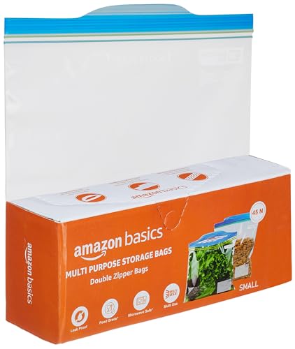 Amazon Basics - Multipurpose Zip Lock Storage Bags | 45 Count | Small | 21.3 x 18 cm | Reusable and Reclosable with Double Zipper | Material Plastic |