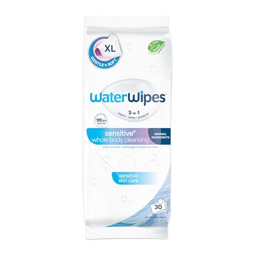 WaterWipes Sensitive+ Body & Intimate Wipes, 3-In-1 Cleans, Cares, Protects, 99.9% Water, Unscented & Hypoallergenic Hygiene Wet Wipes, Adult Care, 30 Wipes (1 Packs)