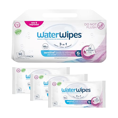 WaterWipes Sensitive+ Body & Intimate Wipes, 3-In-1 Cleans, Cares, Protects, 99.9% Water, Unscented & Hypoallergenic Hygiene Wet Wipes, Adult Care, 90 Wipes (3 Packs)