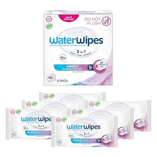 WaterWipes Sensitive+ Body & Intimate Wipes, 3-In-1 Cleans, Cares, Protects, 99.9% Water, Unscented & Hypoallergenic Hygiene Wet Wipes, Adult Care,180 Wipes (6 Packs)