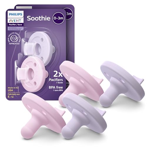 Philips Avent Soothie Orthodontic Baby Pacifiers, 100% Silicone Pacifiers, One Piece, BPA-Free, for Babies 0-3 Months, 2 Lilac and 2 Pink, 4 Pack, Model SCF190/70