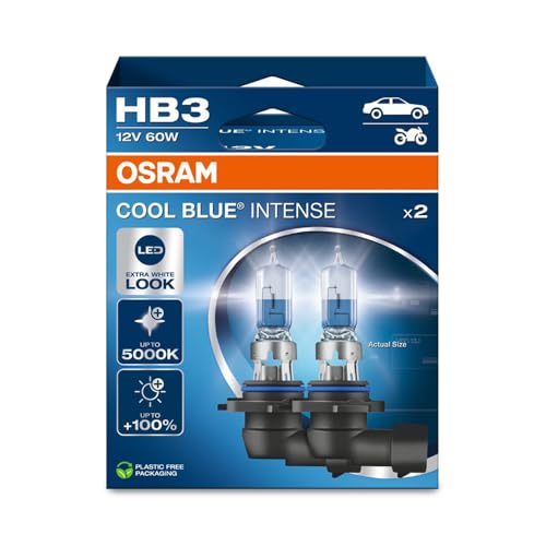 OSRAM COOL BLUE® INTENSE HB3, +100% more brightness, up to 5,000K, halogen headlight lamp, LED look, Hanging folding box (2 lamps)