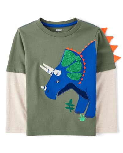 Gymboree,and Toddler Embroidered Graphic Long Sleeve Layered T-Shirts,Olive Triceratops,2T