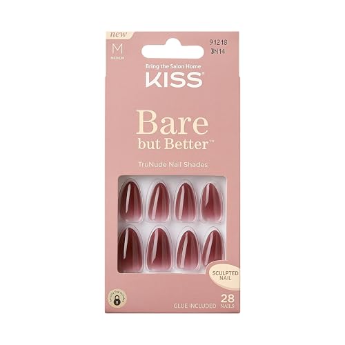 KISS Bare but Better Press On Nails Almond, 'Chemistry', Red, Medium Length, Nail Kit Includes 28 Sculpted Fake Nails, Pink Gel Nail Glue 2g (0.07 oz.), Manicure Stick, Mini Nail File