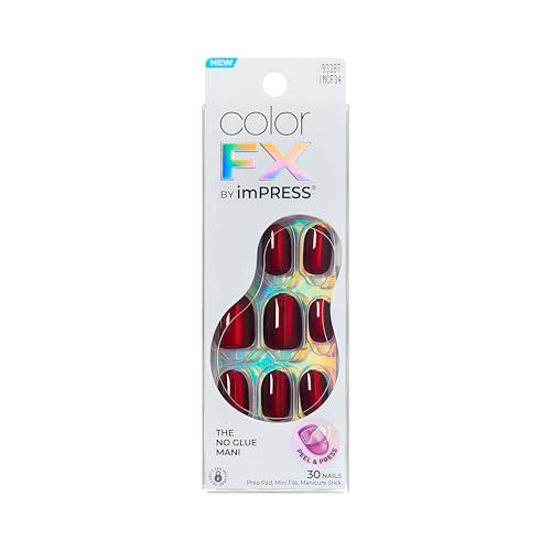 KISS imPRESS No Glue Mani Press On Nails, Color FX, 'Hidden Gem', Red, Short Size, Oval Shape, Includes 30 Nails, Prep Pad, Instructions Sheet, 1 Manicure Stick, 1 Mini File